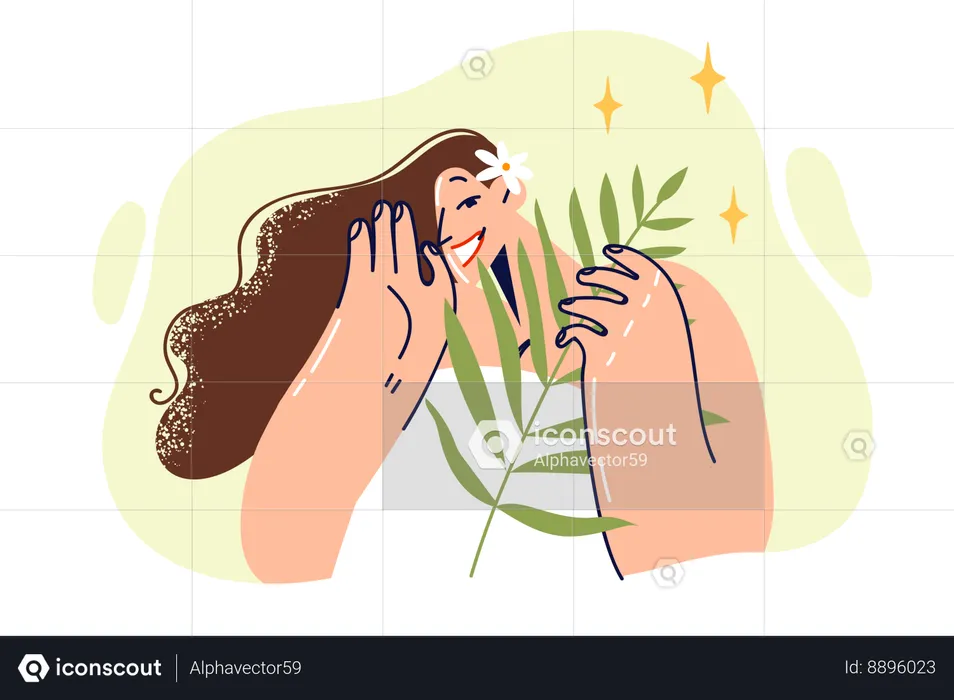 Woman with sprig of plant smiles calling for use of organic cosmetics based on natural herbs  Illustration