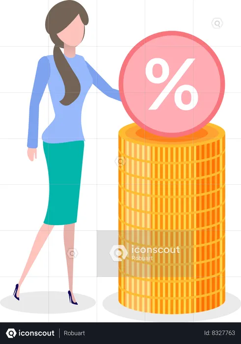Woman with Stack of Gold and Percent Sign  Illustration