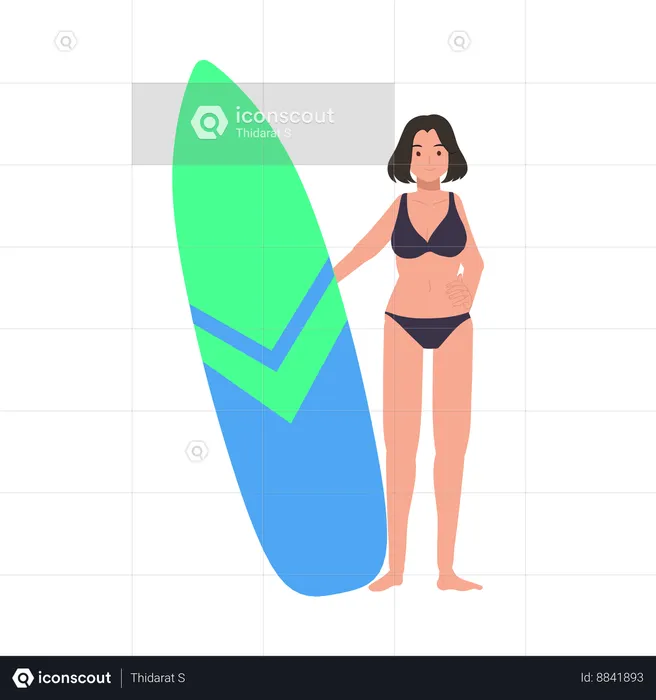 Woman with surfboard on the beach  Illustration