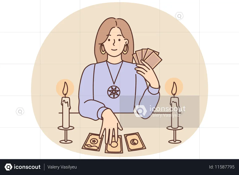魔女の形のタロットカードを持った女性がテーブルに座り、占い師として未来を予言する  イラスト