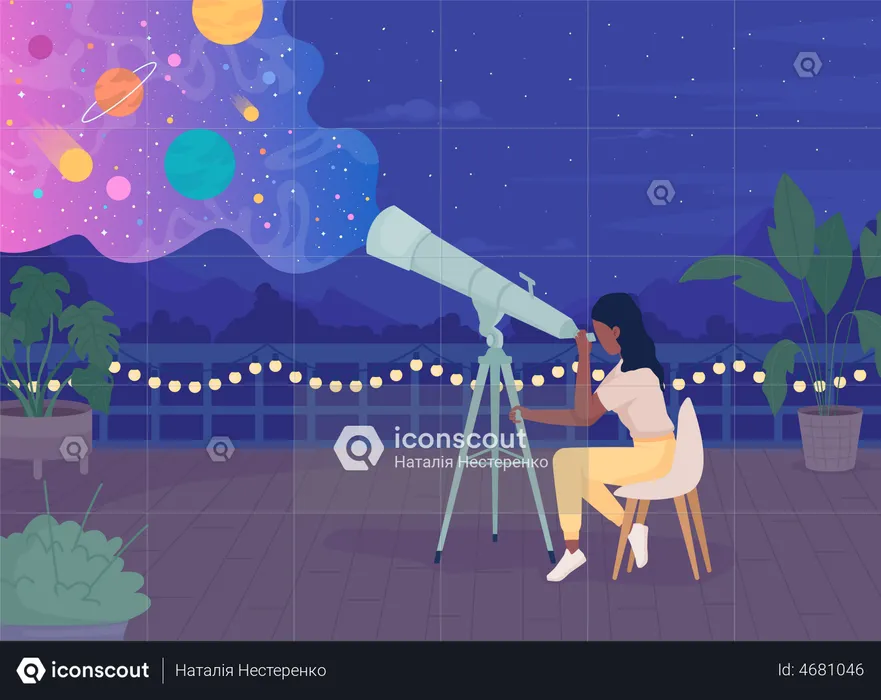 Woman with telescope enjoying stargazing on rooftop at night  Illustration