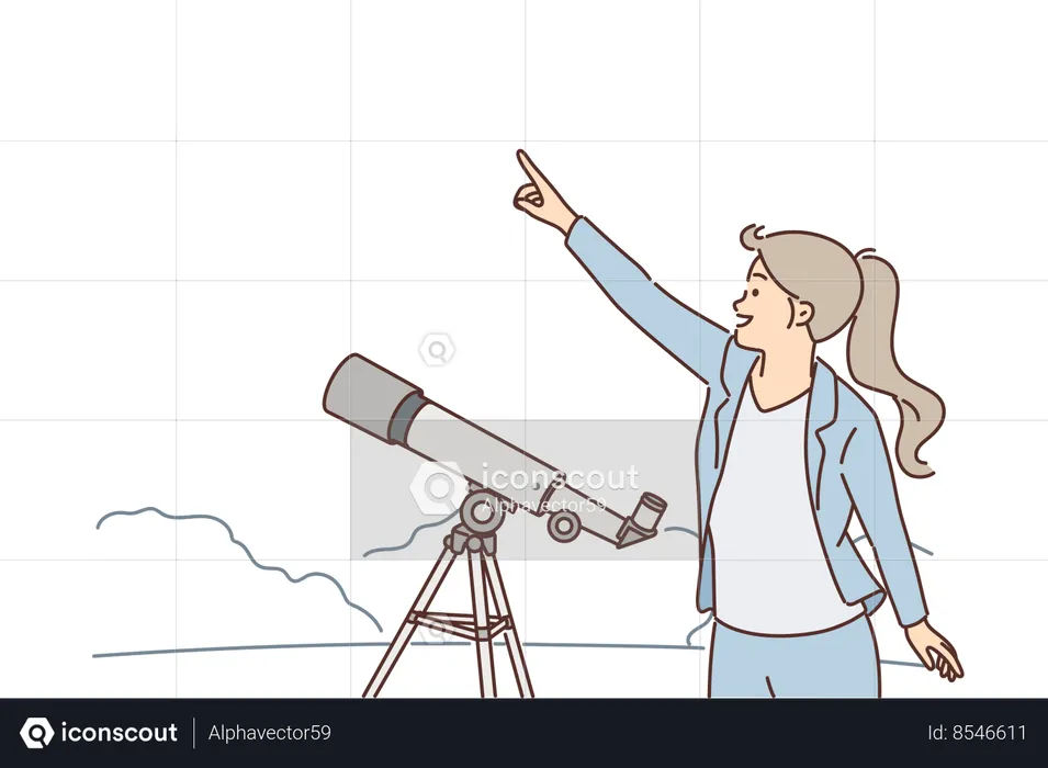 Woman with telescope points finger at starry sky  Illustration