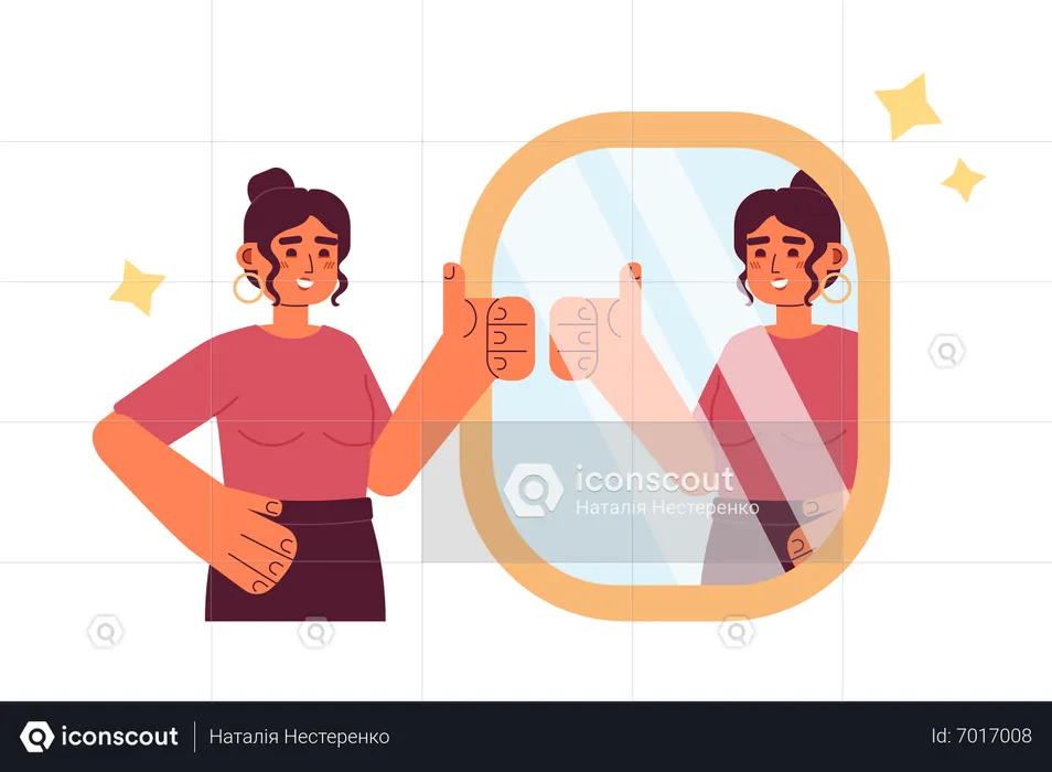 Woman with thumb up reflection in mirror  Illustration