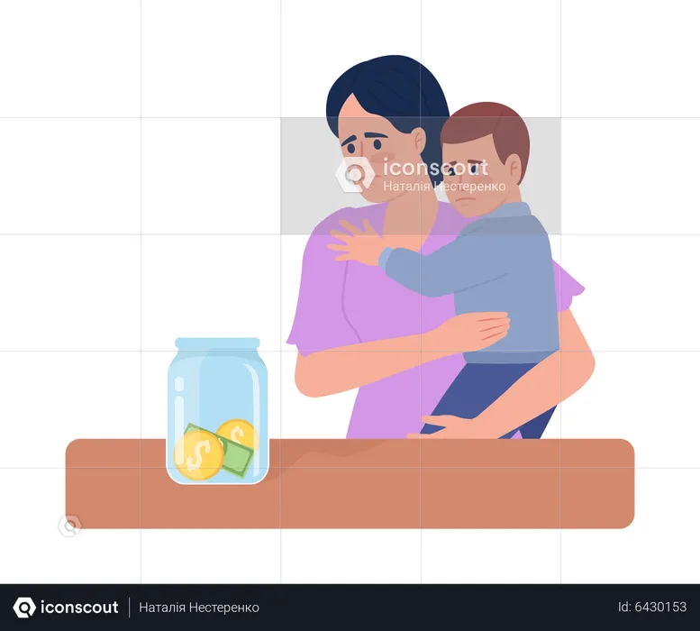 Woman with toddler anxious over financial situation  Illustration