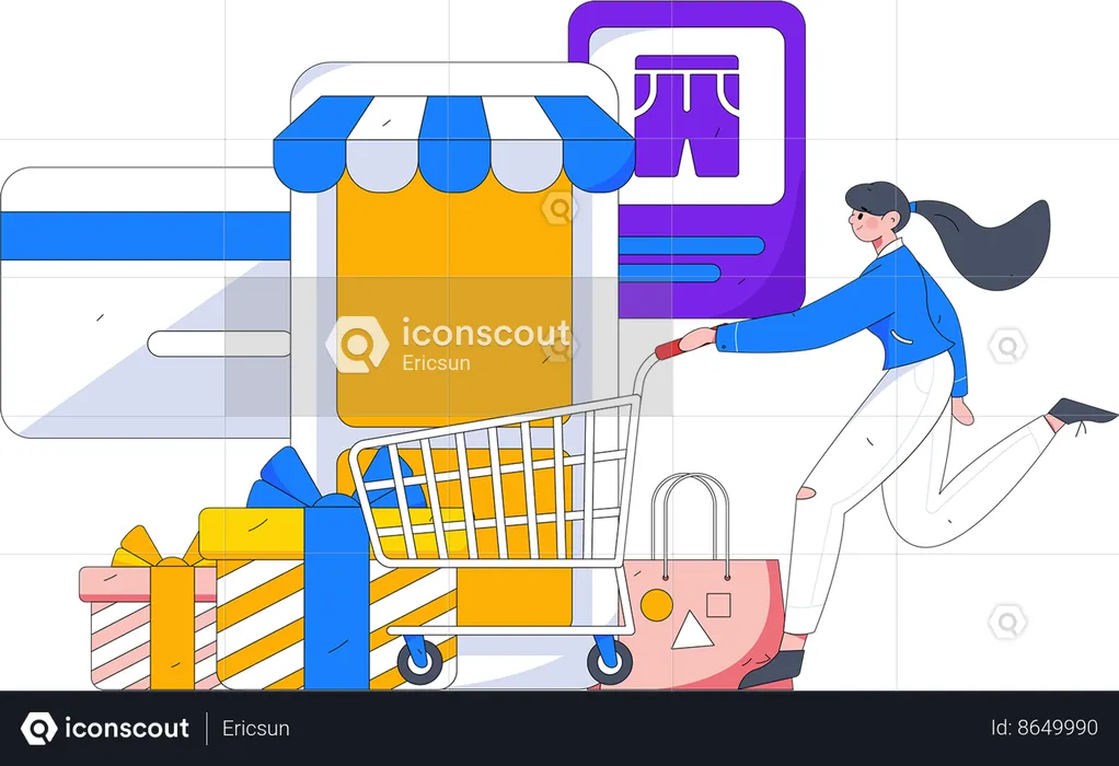Woman with trolley and online shop application  Illustration