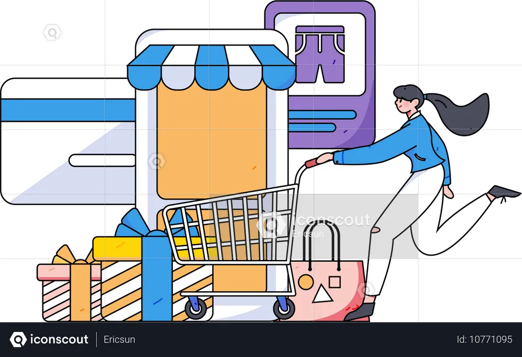 Woman with trolley and online shop application  Illustration