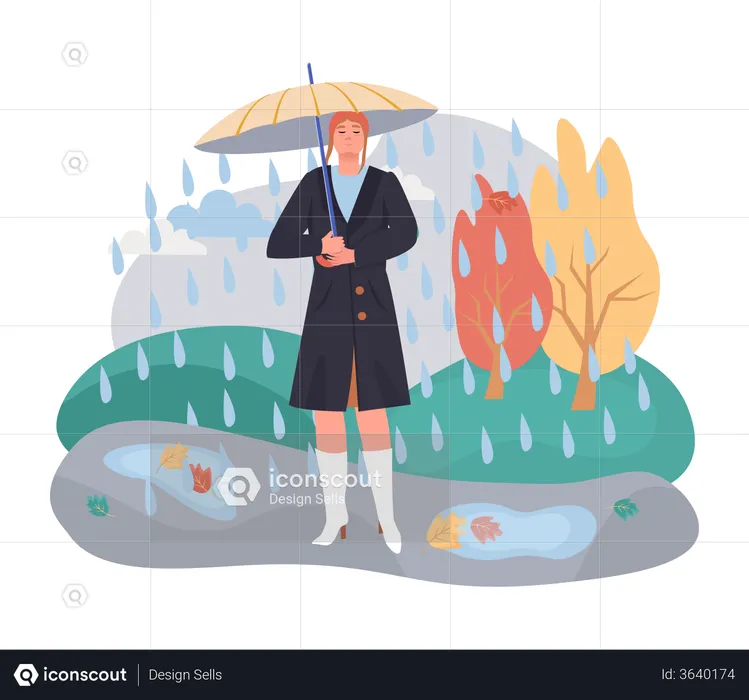 Woman with umbrella in rainy season  Illustration