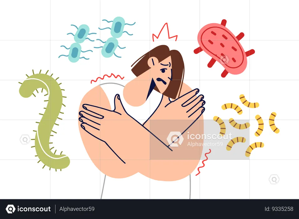 Woman with weak immunity stands among bacteria  Illustration
