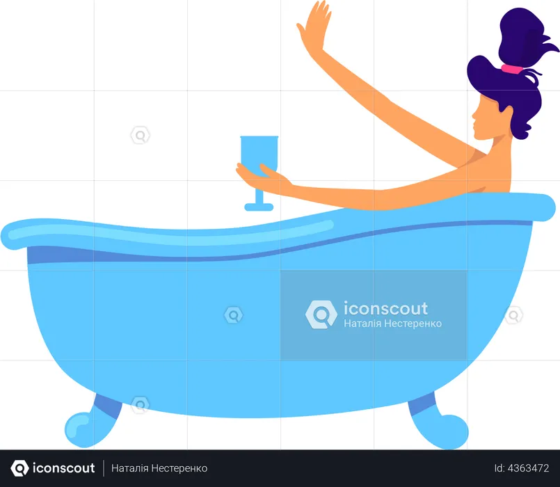 Woman with wineglass resting in bathtub  Illustration