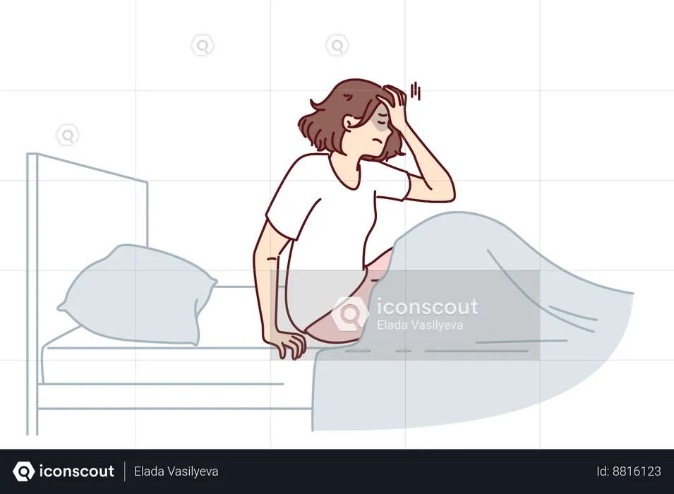 Woman woke up with nightmare and sits in bed holding head  Illustration