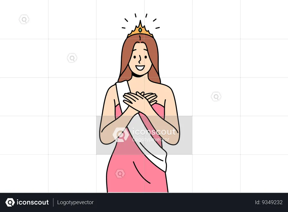 Woman won beauty contest smiles with hands on chest and dressed in dress with winner ribbon and crown  Illustration