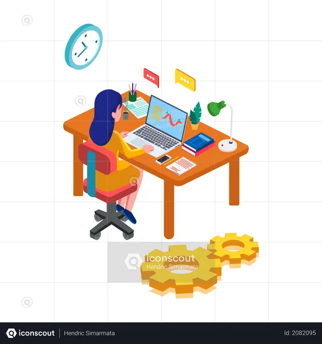 Woman work with computer on the desk with office tools, books, smartphone, chair  Illustration