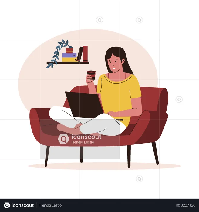 Woman work with laptop at sofa  Illustration