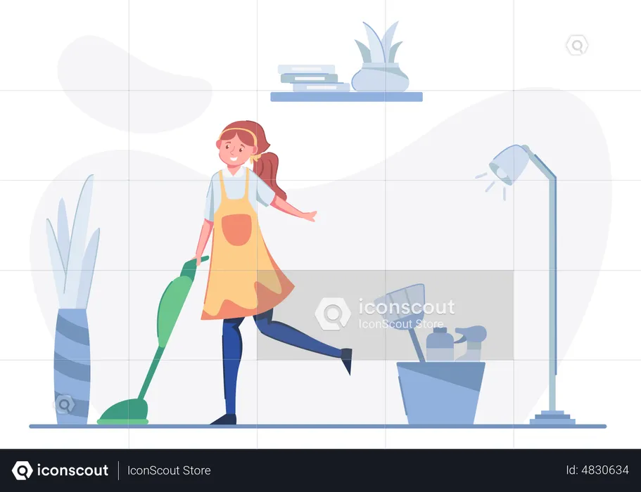 Woman worker cleaning floor with vacuum cleaner  Illustration