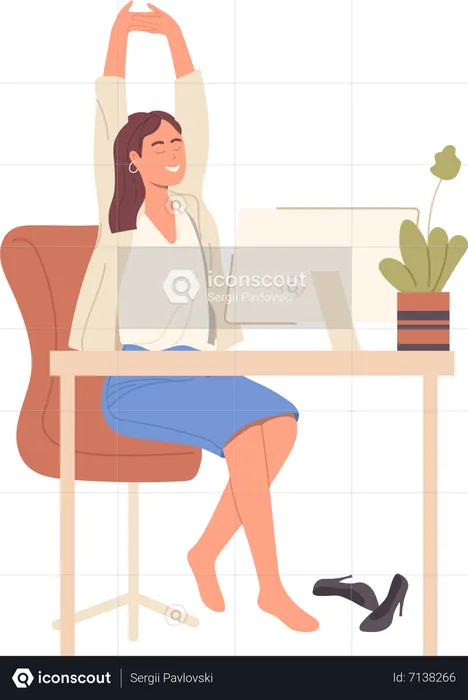 Woman worker sitting at desk having rest and doing stretching exercise  Illustration