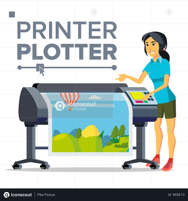 Woman Worker With Plotter Vector  Illustration