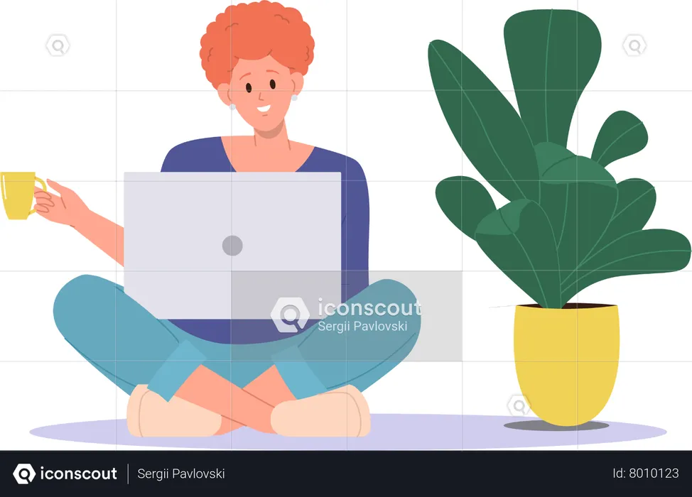Young woman working on laptop at home  Illustration