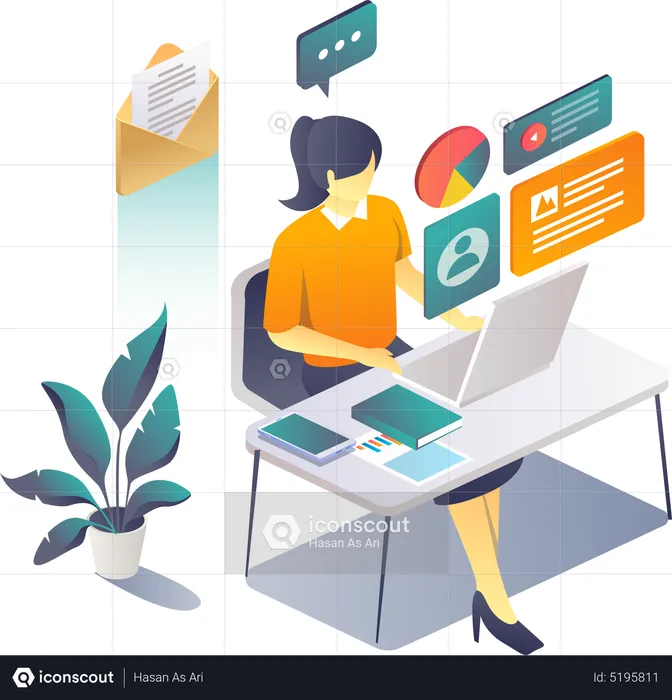 Woman working at desk on laptop  Illustration
