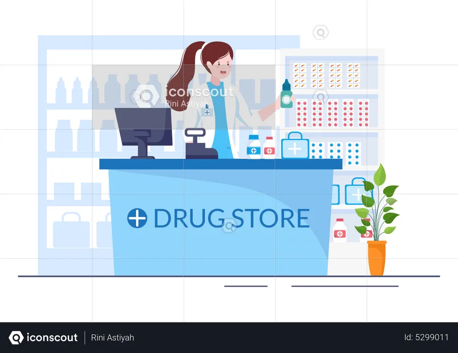 Woman working at drug store  Illustration