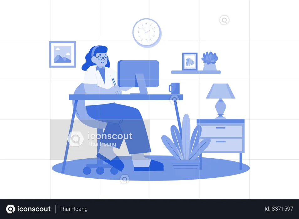 Woman Working At Her Desk At Home  Illustration