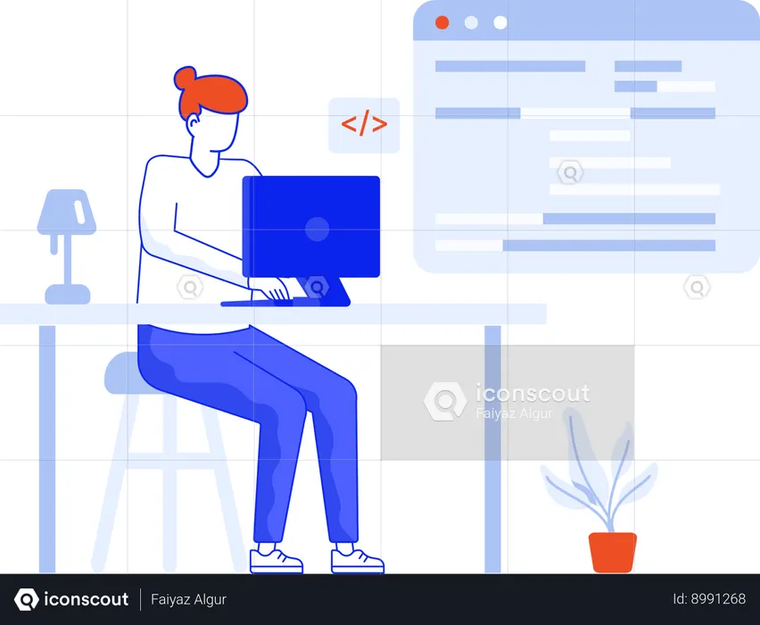 Woman working at home on laptop  Illustration