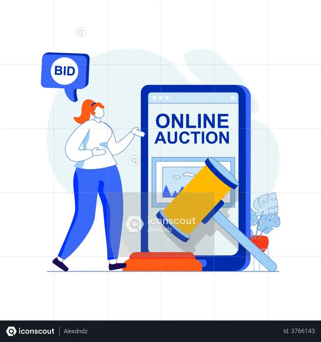 Woman working at online auction application  Illustration