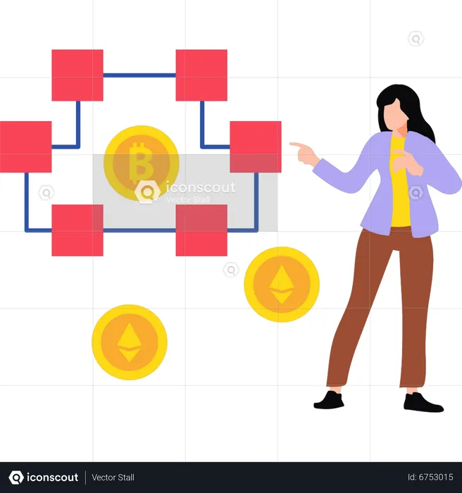 Woman working bitcoin blockchain  Illustration