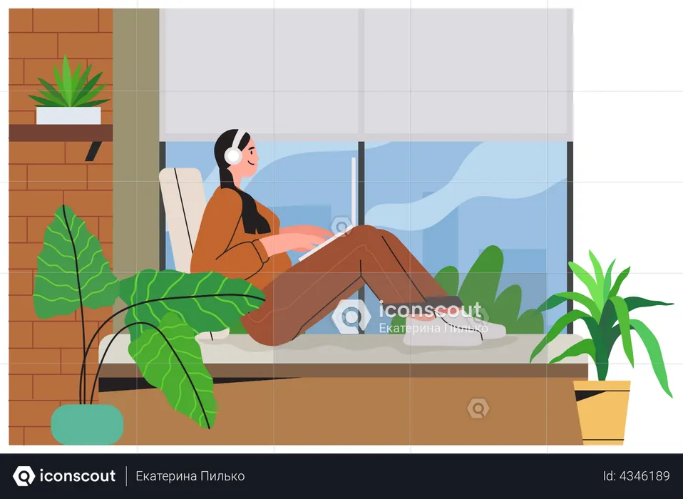 Woman working from home and attending online meeting  Illustration
