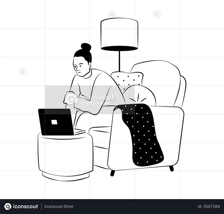 Woman working from home comfortably  Illustration