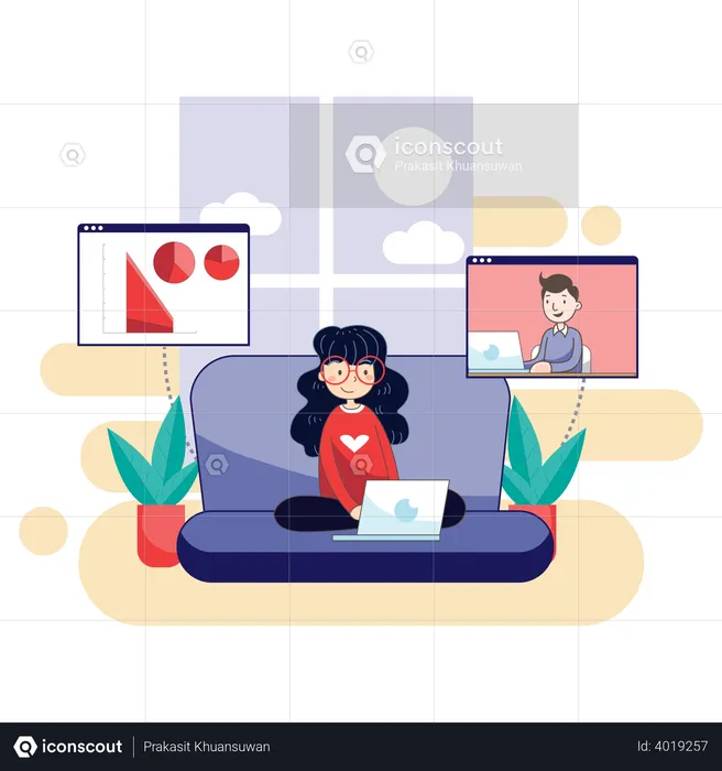 Woman working from home to be safe from virus  Illustration