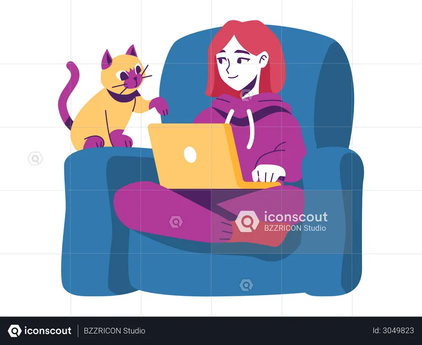 Woman working from home while sitting on couch  Illustration