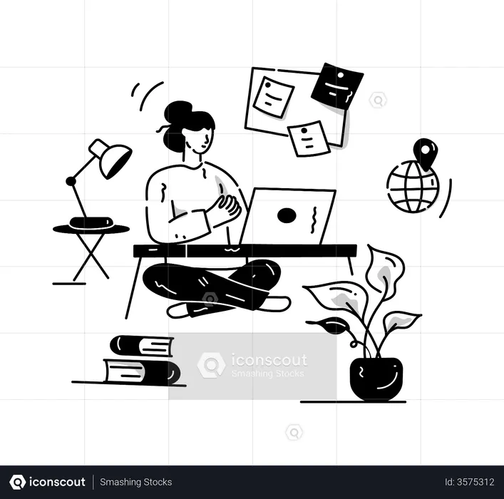 Woman working from home while sitting on floor  Illustration