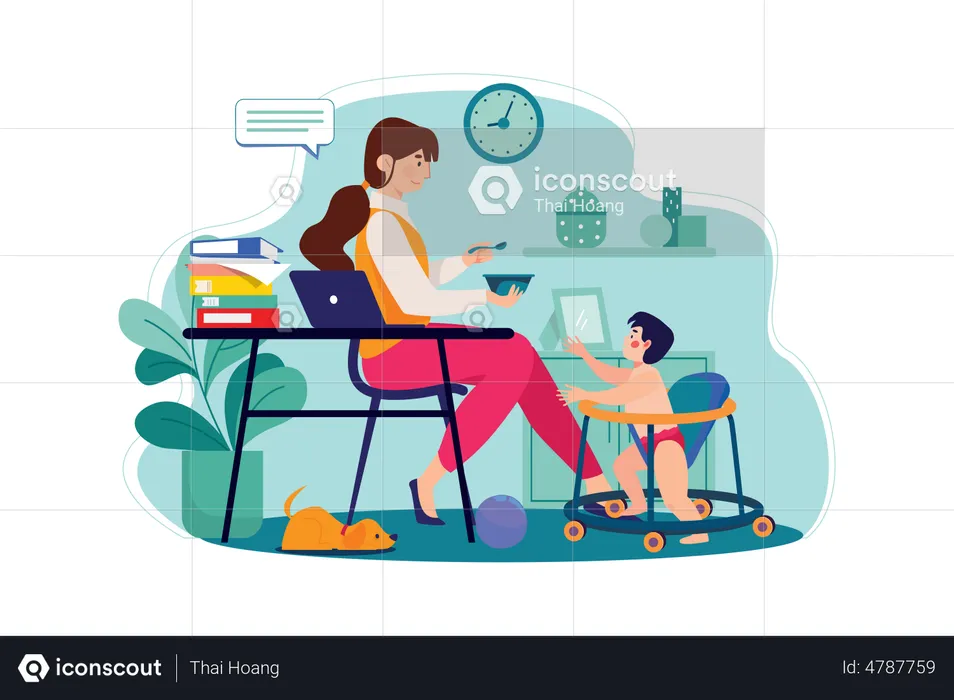 Woman Working from home with handling baby  Illustration