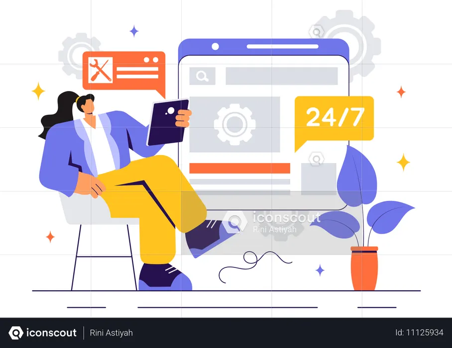 Woman working on 24 hours support  Illustration
