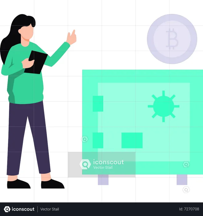 Woman working on bitcoin locker  Illustration