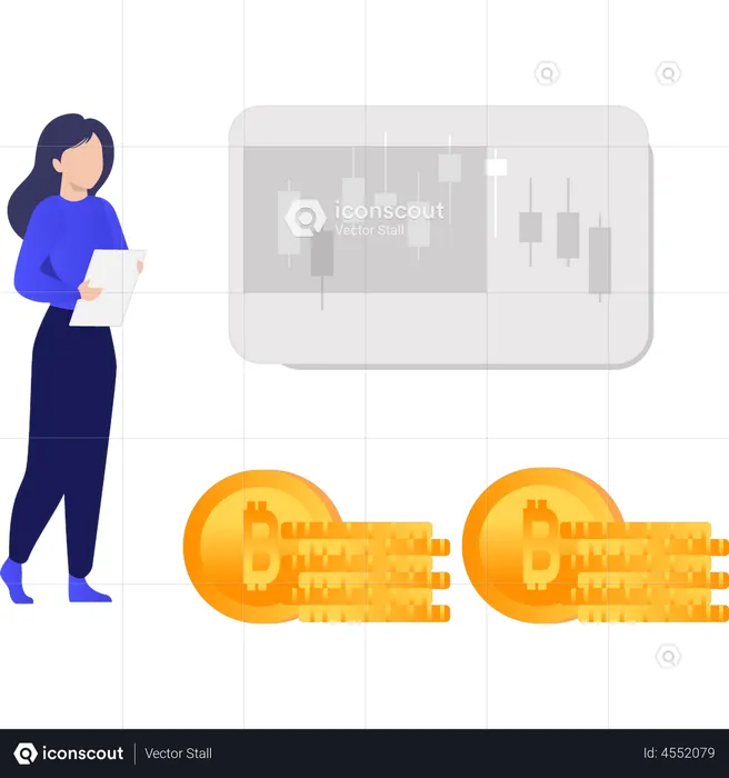 Woman working on Bitcoin Trading  Illustration