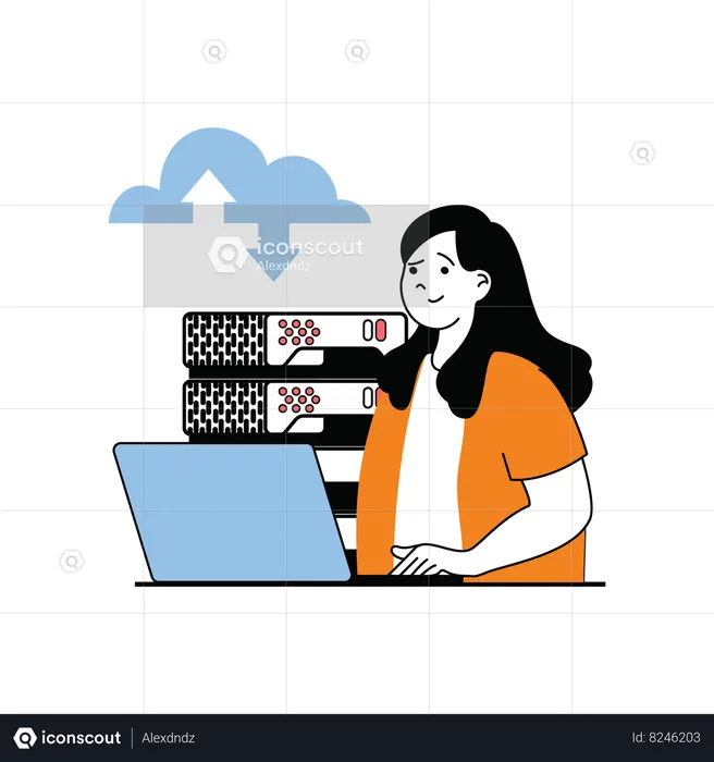 Woman working on cloud computing  Illustration