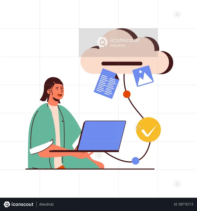 Woman working on cloud computing  Illustration