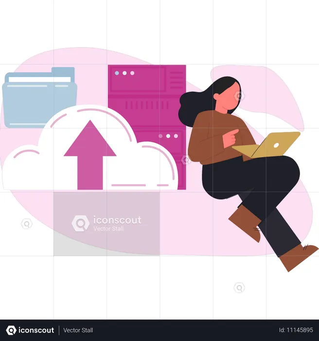 Woman working on cloud data transfer  Illustration