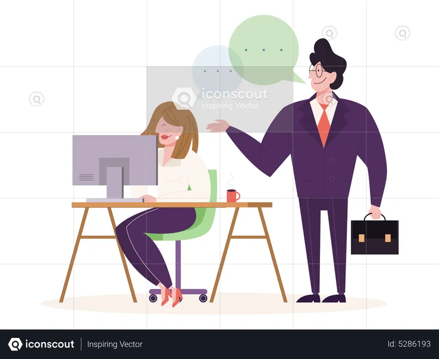 Woman working on computer and talking with boss  Illustration