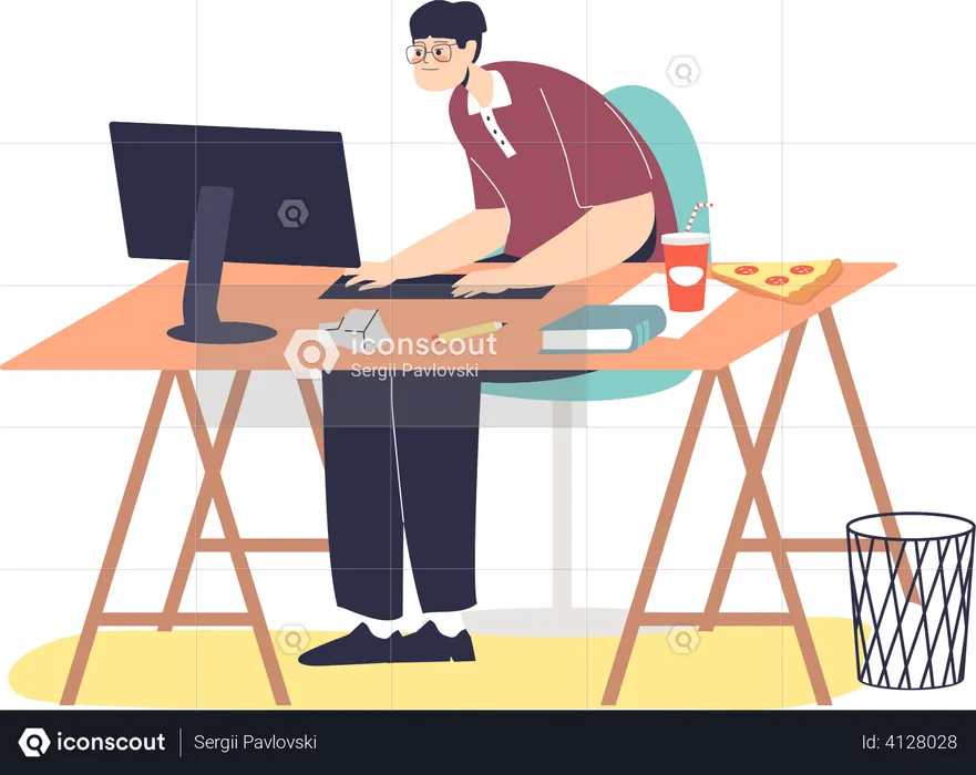 Man working on computer suffer from bad posture  Illustration