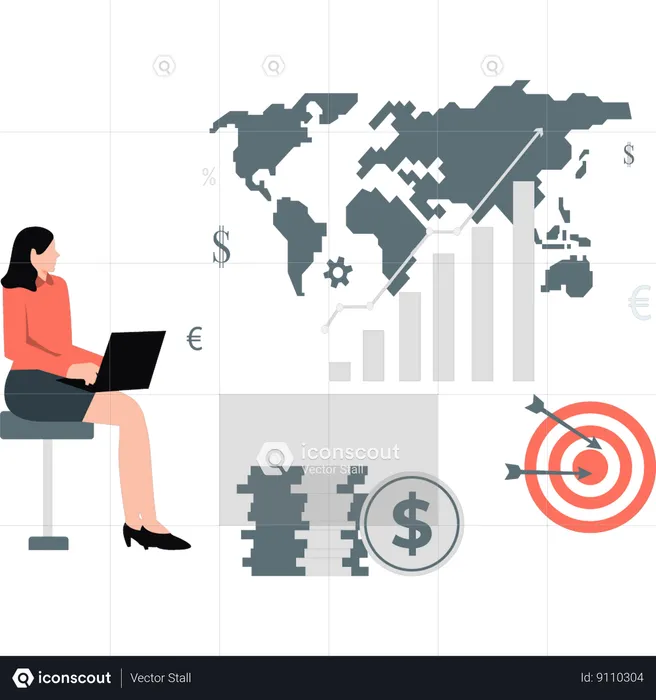 Woman working on finance chart on laptop  Illustration