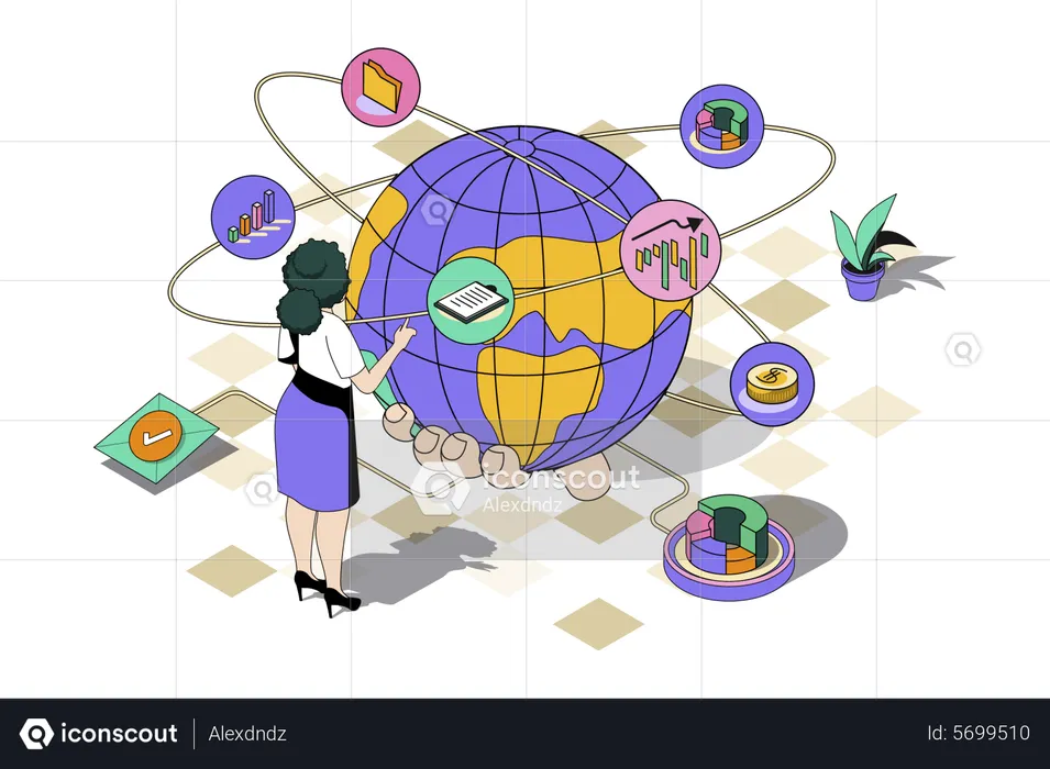 Woman working on global expansion strategy  Illustration