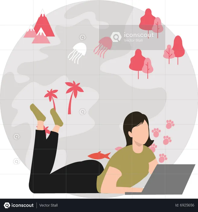 Woman working on laptop and exploring world  Illustration