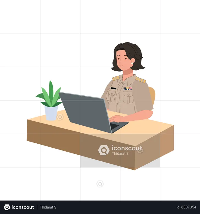 Woman working on laptop at desk  Illustration