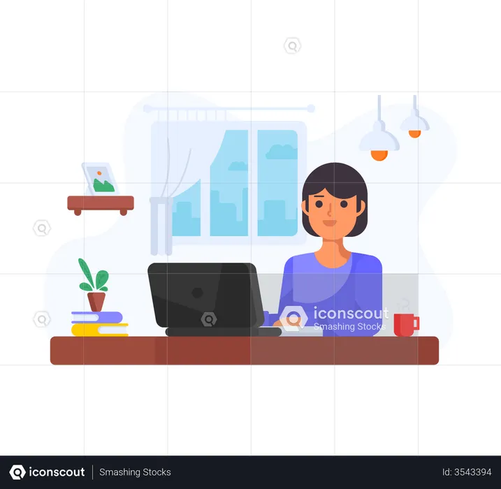 Woman working on laptop from home  Illustration