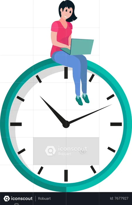 Woman Working on Laptop on Clock  Illustration