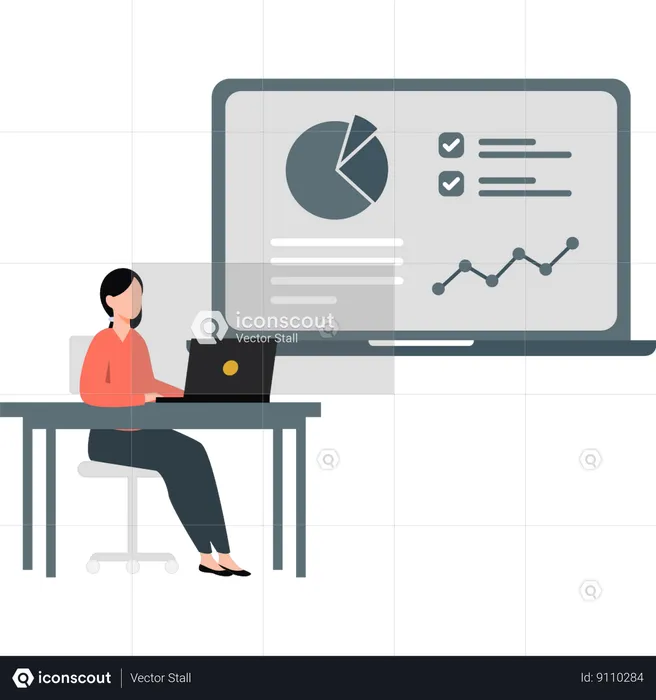 Woman working on laptop while doing analysis chart  Illustration