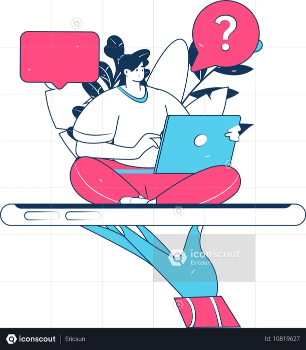 Woman working on laptop while doing online chatting  Illustration