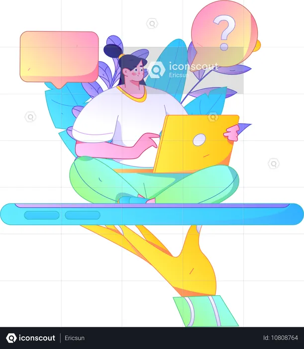 Woman working on laptop while doing online chatting  Illustration